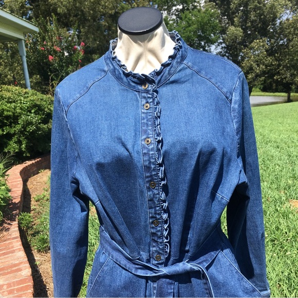 Biden Ruffle Collar & Trim Button Down Denim Shirt Dress Sz 16R - Picture 2 of 10